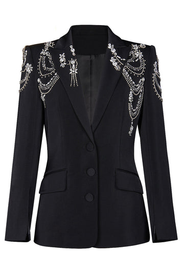 Sparkly Black Peak Lapel Single Breasted Women Prom Blazer with Rhinestones